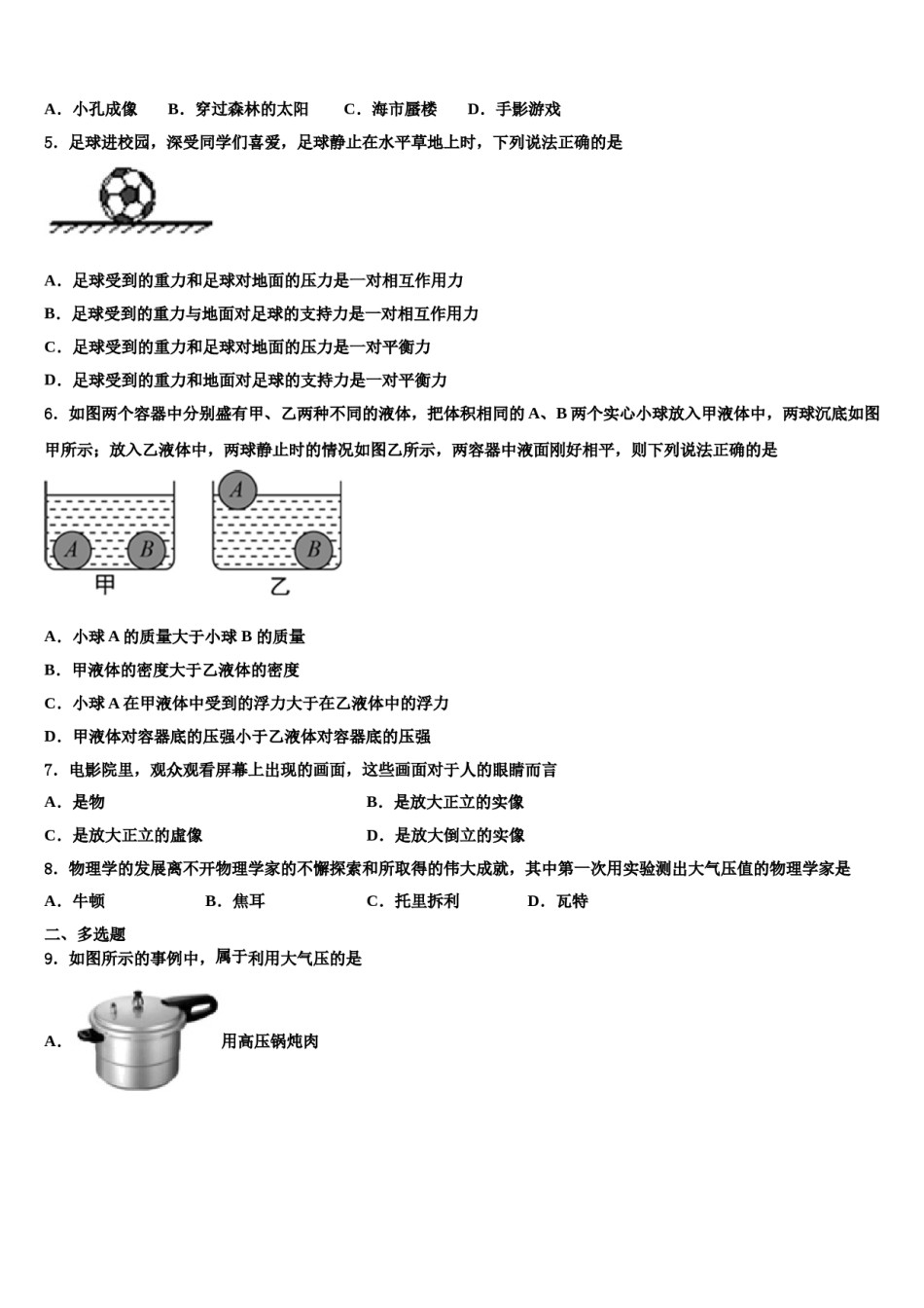 山东省济南章丘区五校联考2024届物理八下期末复习检测模拟试题含解析.doc_第2页