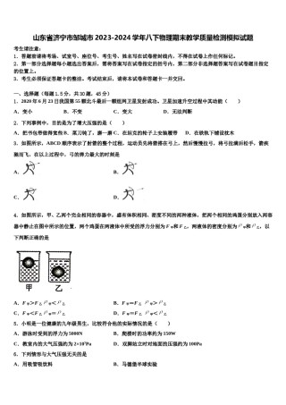 山东省济宁市邹城市2023-2024学年八下物理期末教学质量检测模拟试题含解析.doc