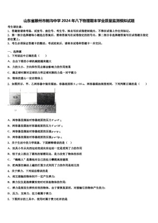 山东省滕州市鲍沟中学2024年八下物理期末学业质量监测模拟试题含解析.doc