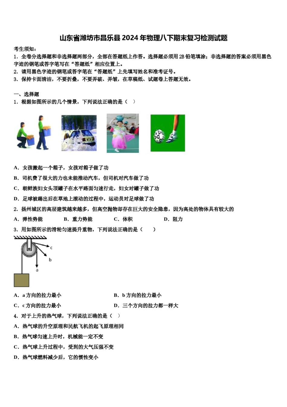 山东省潍坊市昌乐县2024年物理八下期末复习检测试题含解析.doc_第1页