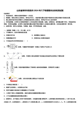 山东省潍坊市昌邑市2024年八下物理期末达标检测试题含解析.doc
