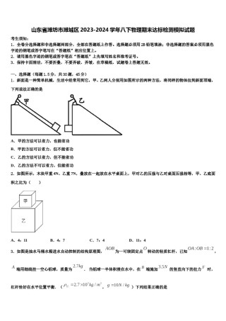 山东省潍坊市潍城区2023-2024学年八下物理期末达标检测模拟试题含解析.doc