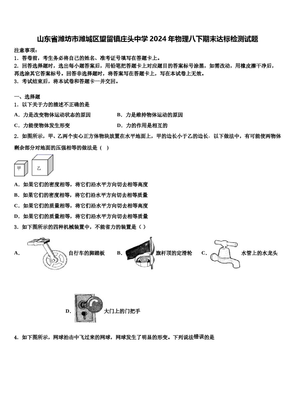山东省潍坊市潍城区望留镇庄头中学2024年物理八下期末达标检测试题含解析.doc_第1页