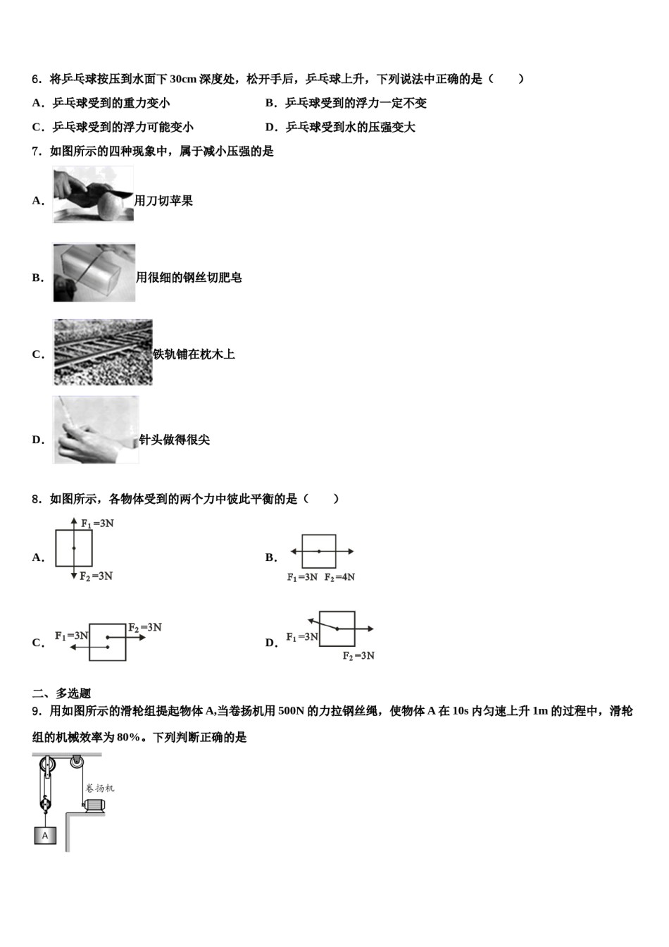 山东省潍坊诸城市第七中学2024年物理八下期末检测试题含解析.doc_第2页