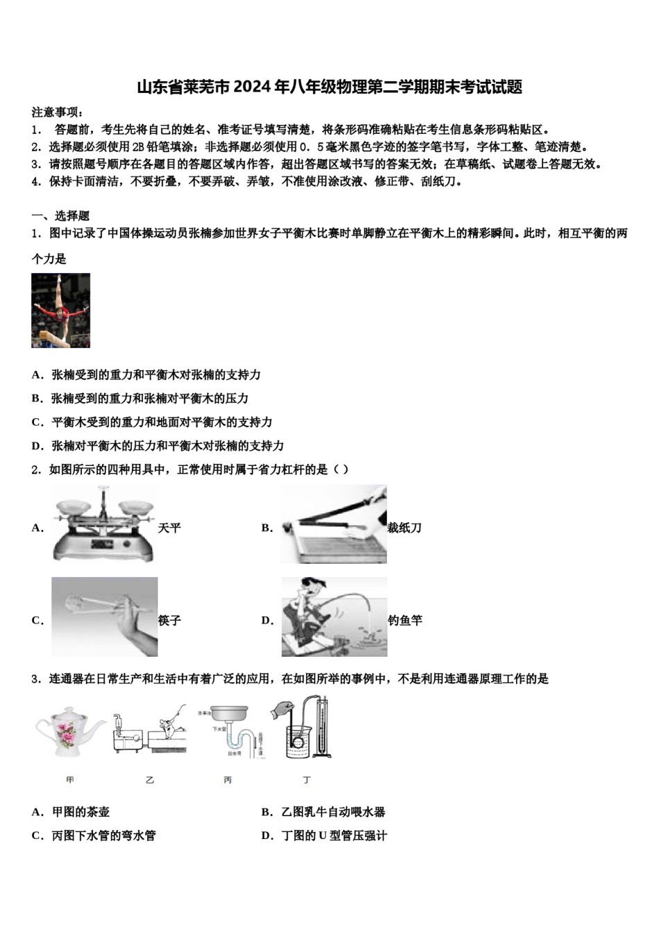 山东省莱芜市2024年八年级物理第二学期期末考试试题含解析.doc_第1页