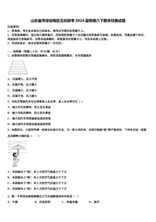 山东省菏泽定陶区五校联考2024届物理八下期末经典试题含解析.doc