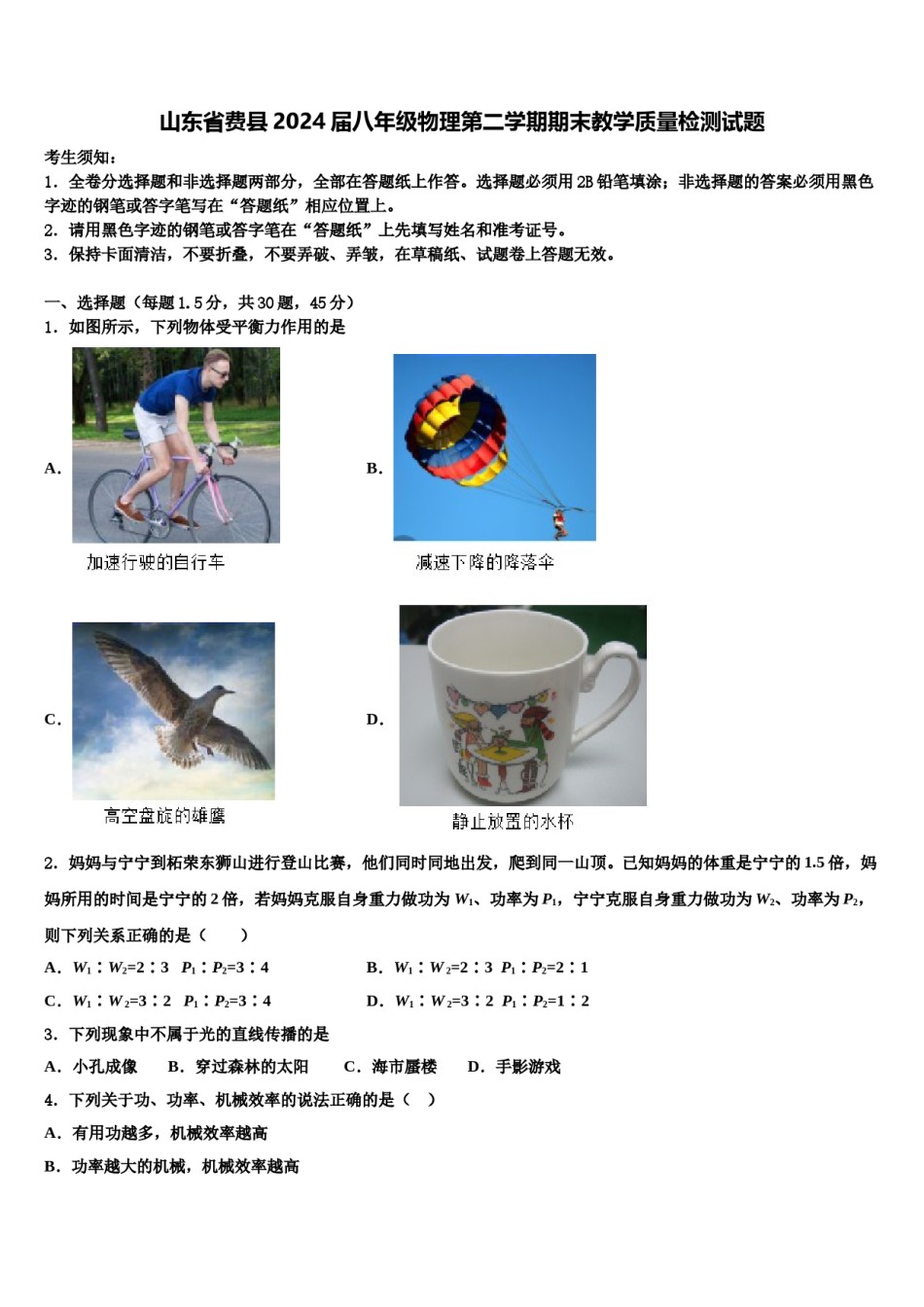 山东省费县2024届八年级物理第二学期期末教学质量检测试题含解析.doc_第1页