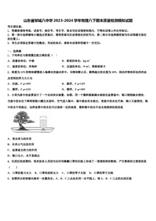 山东省邹城八中学2023-2024学年物理八下期末质量检测模拟试题含解析.doc