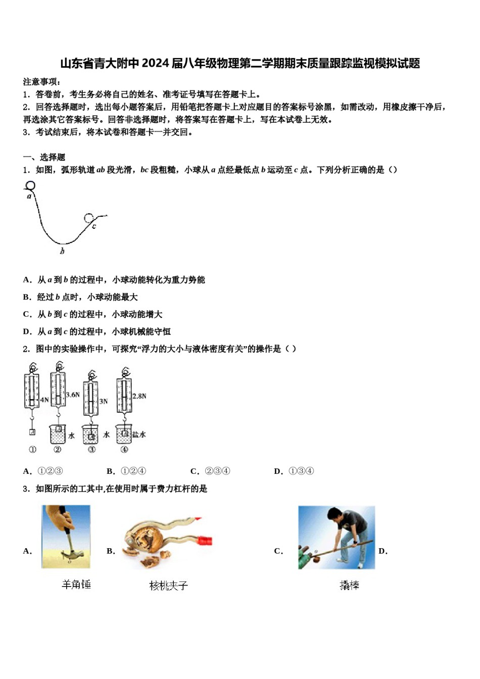 山东省青大附中2024届八年级物理第二学期期末质量跟踪监视模拟试题含解析.doc_第1页