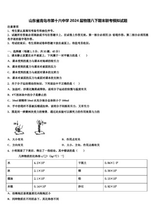 山东省青岛市第十六中学2024届物理八下期末联考模拟试题含解析.doc