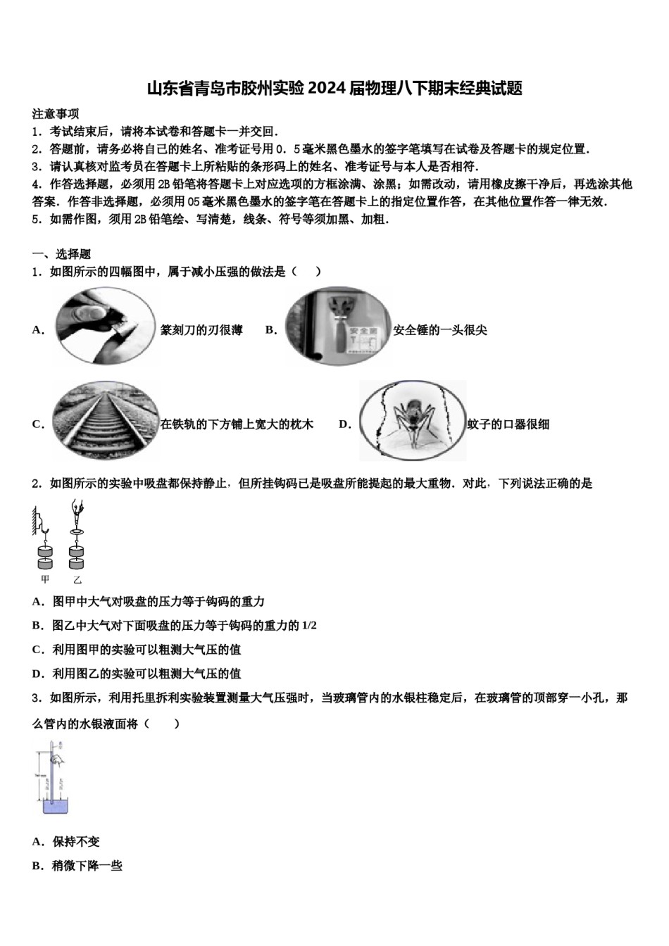 山东省青岛市胶州实验2024届物理八下期末经典试题含解析.doc_第1页