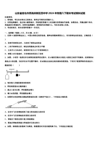 山东省青岛市西海岸新区四中学2024年物理八下期末考试模拟试题含解析.doc
