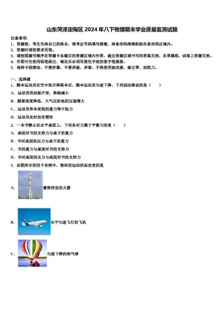 山东菏泽定陶区2024年八下物理期末学业质量监测试题含解析.doc