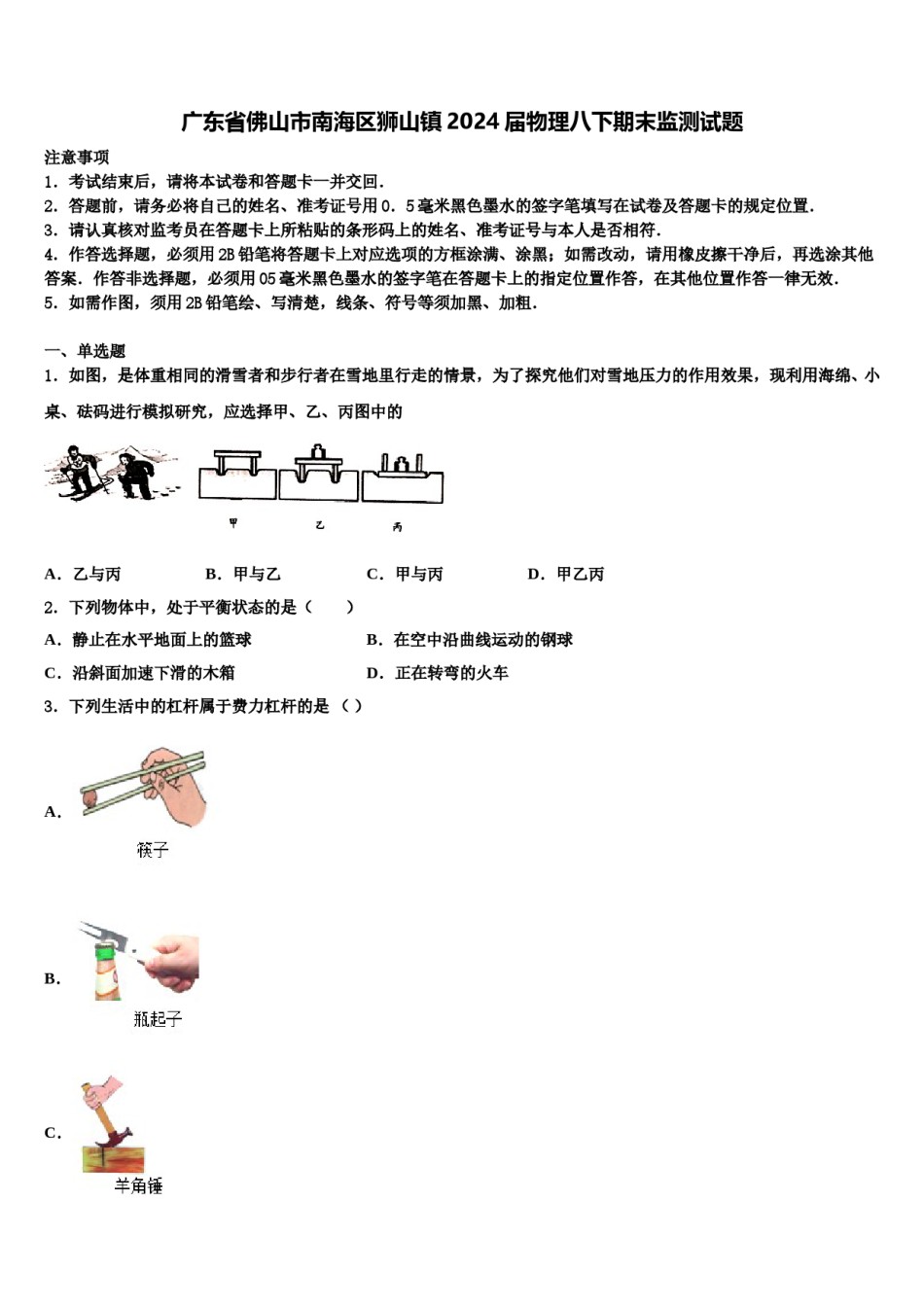 广东省佛山市南海区狮山镇2024届物理八下期末监测试题含解析.doc_第1页