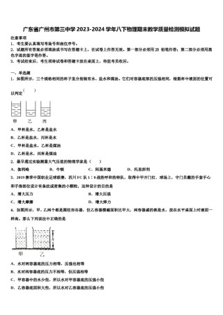 广东省广州市第三中学2023-2024学年八下物理期末教学质量检测模拟试题含解析.doc