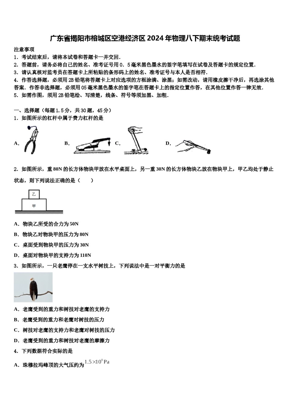 广东省揭阳市榕城区空港经济区2024年物理八下期末统考试题含解析.doc_第1页