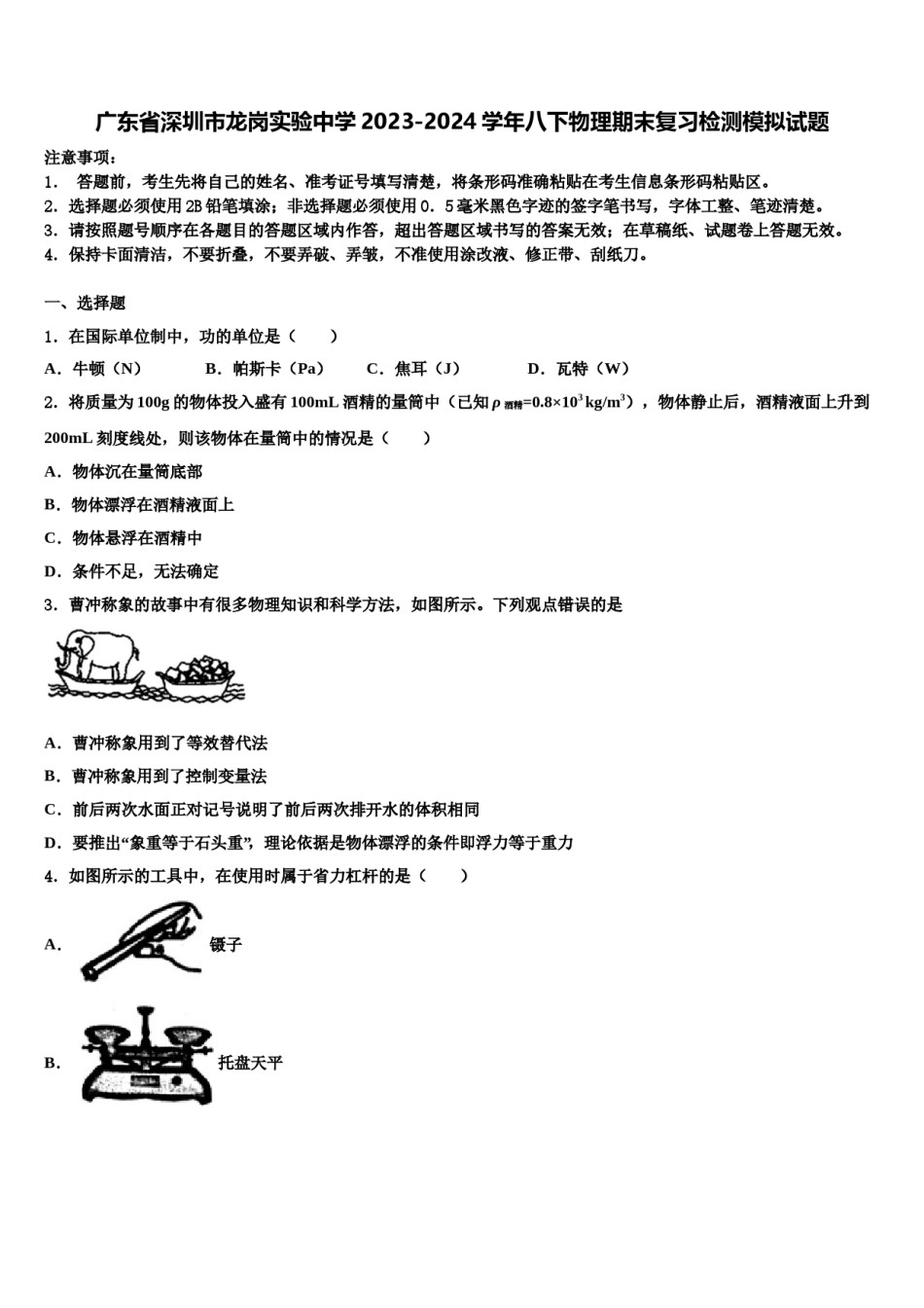 广东省深圳市龙岗实验中学2023-2024学年八下物理期末复习检测模拟试题含解析.doc_第1页