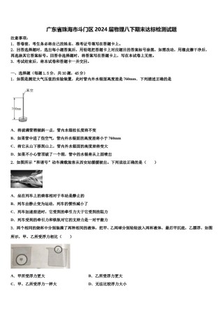 广东省珠海市斗门区2024届物理八下期末达标检测试题含解析.doc