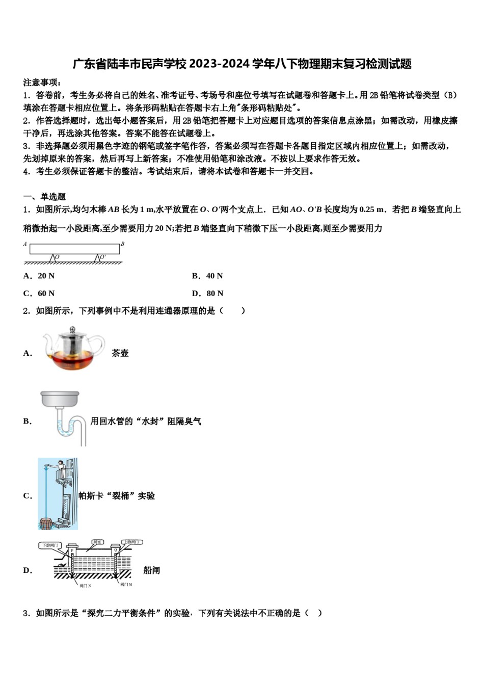 广东省陆丰市民声学校2023-2024学年八下物理期末复习检测试题含解析.doc_第1页
