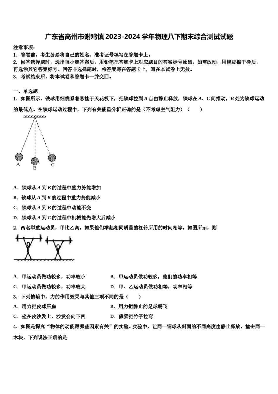 广东省高州市谢鸡镇2023-2024学年物理八下期末综合测试试题含解析.doc_第1页