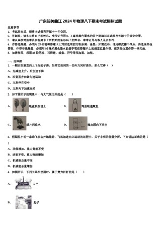 广东韶关曲江2024年物理八下期末考试模拟试题含解析.doc