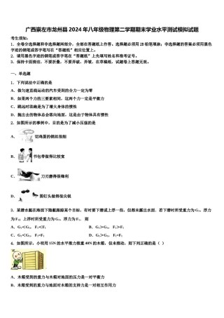 广西崇左市龙州县2024年八年级物理第二学期期末学业水平测试模拟试题含解析.doc