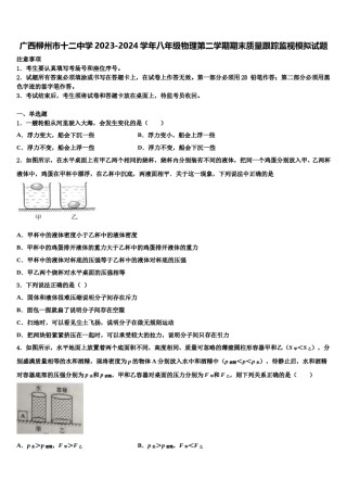 广西柳州市十二中学2023-2024学年八年级物理第二学期期末质量跟踪监视模拟试题含解析.doc