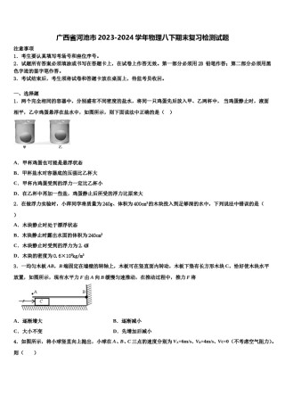广西省河池市2023-2024学年物理八下期末复习检测试题含解析.doc