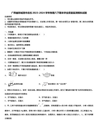 广西省防城港市名校2023-2024学年物理八下期末学业质量监测模拟试题含解析.doc
