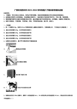 广西钦州四中学2023-2024学年物理八下期末联考模拟试题含解析.doc