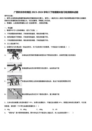 广西钦州市钦南区2023-2024学年八下物理期末复习检测模拟试题含解析.doc