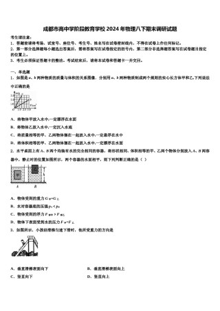 成都市高中学阶段教育学校2024年物理八下期末调研试题含解析.doc
