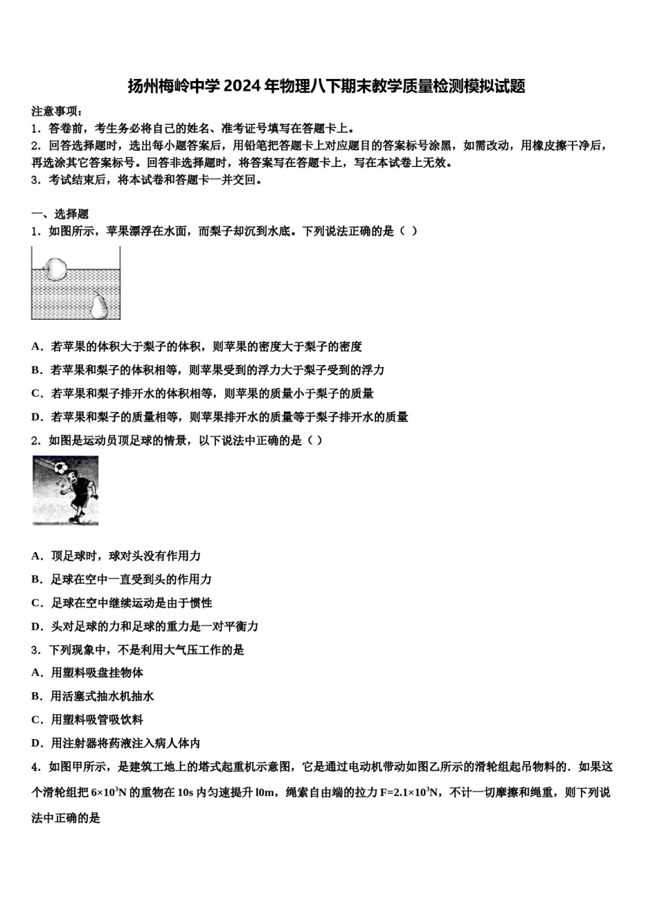 扬州梅岭中学2024年物理八下期末教学质量检测模拟试题含解析.doc_第1页