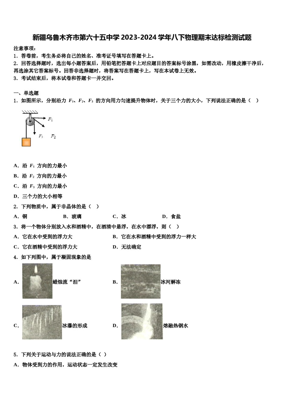 新疆乌鲁木齐市第六十五中学2023-2024学年八下物理期末达标检测试题含解析.doc_第1页