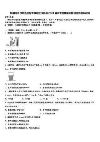 新疆维吾尔自治区阿克苏地区沙雅县2024届八下物理期末复习检测模拟试题含解析.doc