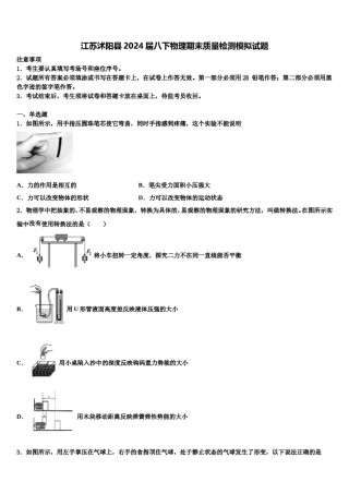 江苏沭阳县2024届八下物理期末质量检测模拟试题含解析.doc
