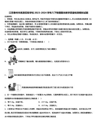 江苏泰州市高港实验学校2023-2024学年八下物理期末教学质量检测模拟试题含解析.doc