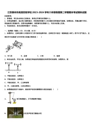 江苏泰州市高港实验学校2023-2024学年八年级物理第二学期期末考试模拟试题含解析.doc