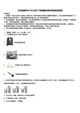 江苏省南京市2024届八下物理期末教学质量检测试题含解析.doc