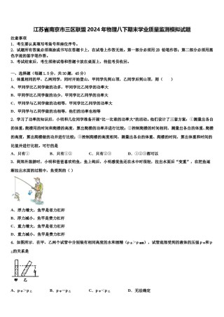 江苏省南京市三区联盟2024年物理八下期末学业质量监测模拟试题含解析.doc