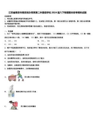 江苏省南京市南京民办育英第二外国语学校2024届八下物理期末统考模拟试题含解析.doc