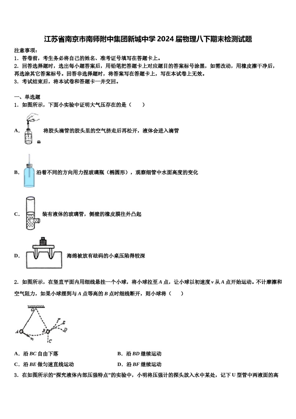 江苏省南京市南师附中集团新城中学2024届物理八下期末检测试题含解析.doc_第1页