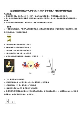 江苏省南京市第二十九中学2023-2024学年物理八下期末联考模拟试题含解析.doc