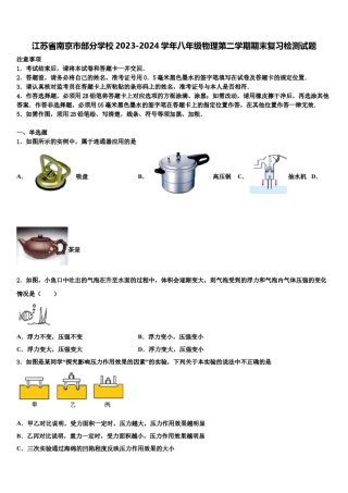 江苏省南京市部分学校2023-2024学年八年级物理第二学期期末复习检测试题含解析.doc