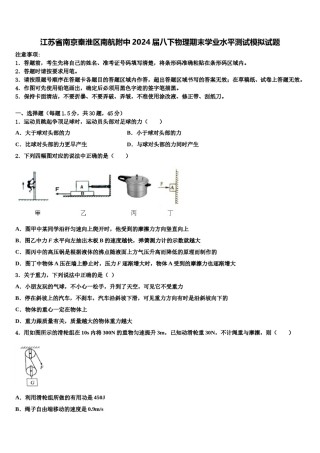 江苏省南京秦淮区南航附中2024届八下物理期末学业水平测试模拟试题含解析.doc