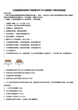 江苏省南通市如皋市丁堰初级中学2024届物理八下期末检测试题含解析.doc