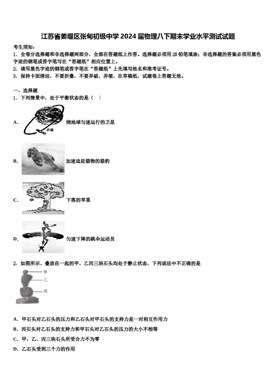 江苏省姜堰区张甸初级中学2024届物理八下期末学业水平测试试题含解析.doc_第1页