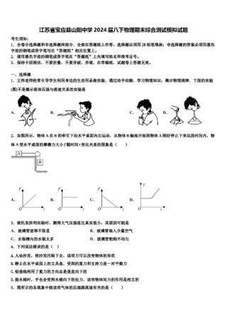 江苏省宝应县山阳中学2024届八下物理期末综合测试模拟试题含解析.doc