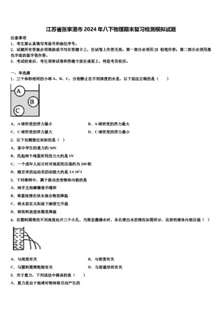 江苏省张家港市2024年八下物理期末复习检测模拟试题含解析.doc