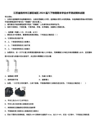 江苏省扬州市江都区城区2024届八下物理期末学业水平测试模拟试题含解析.doc